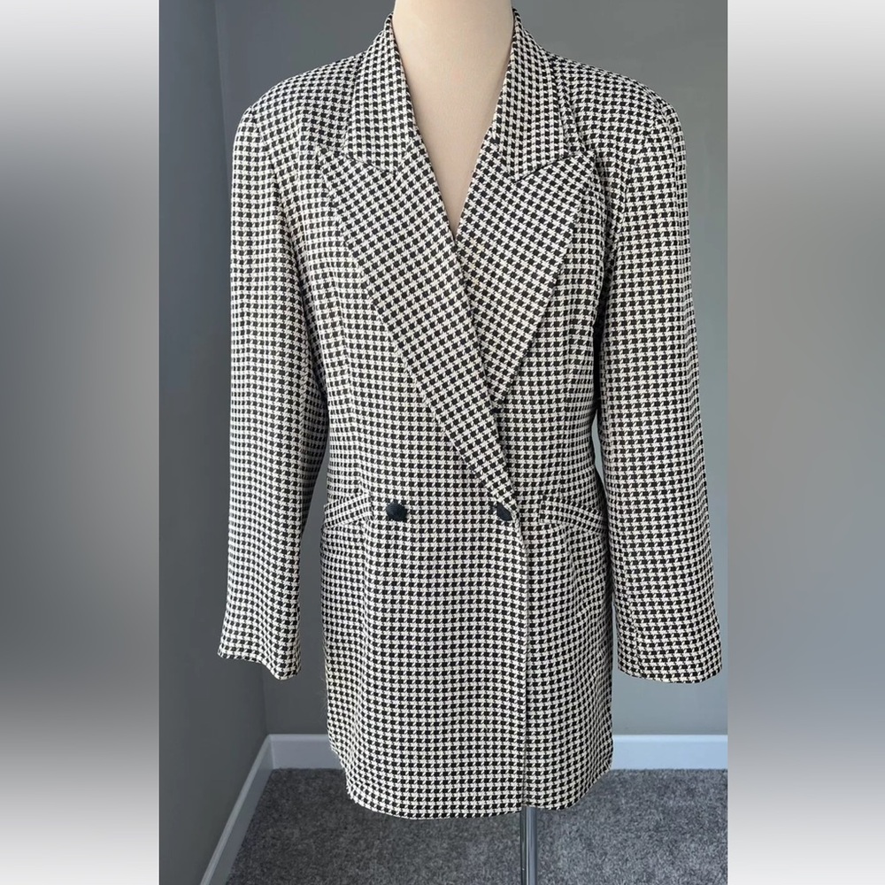 Vintage Tamotsu Houndstooth Black Gold Check Lurex Oversized Blazer Jacket S